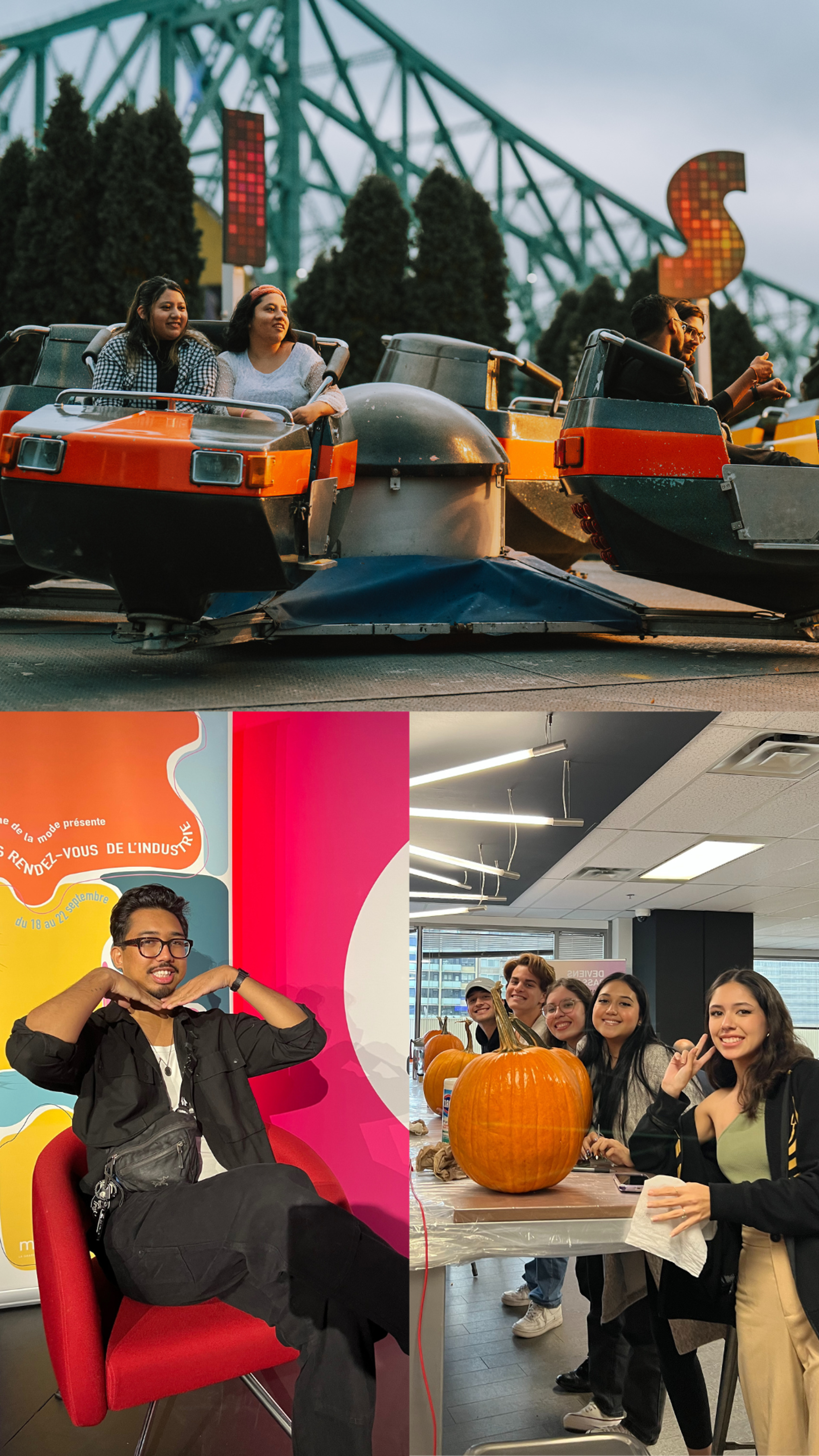 Collage of joyful moments: friends on bumper cars at dusk, an individual enjoying a colorful workspace, and people carving a pumpkin together.