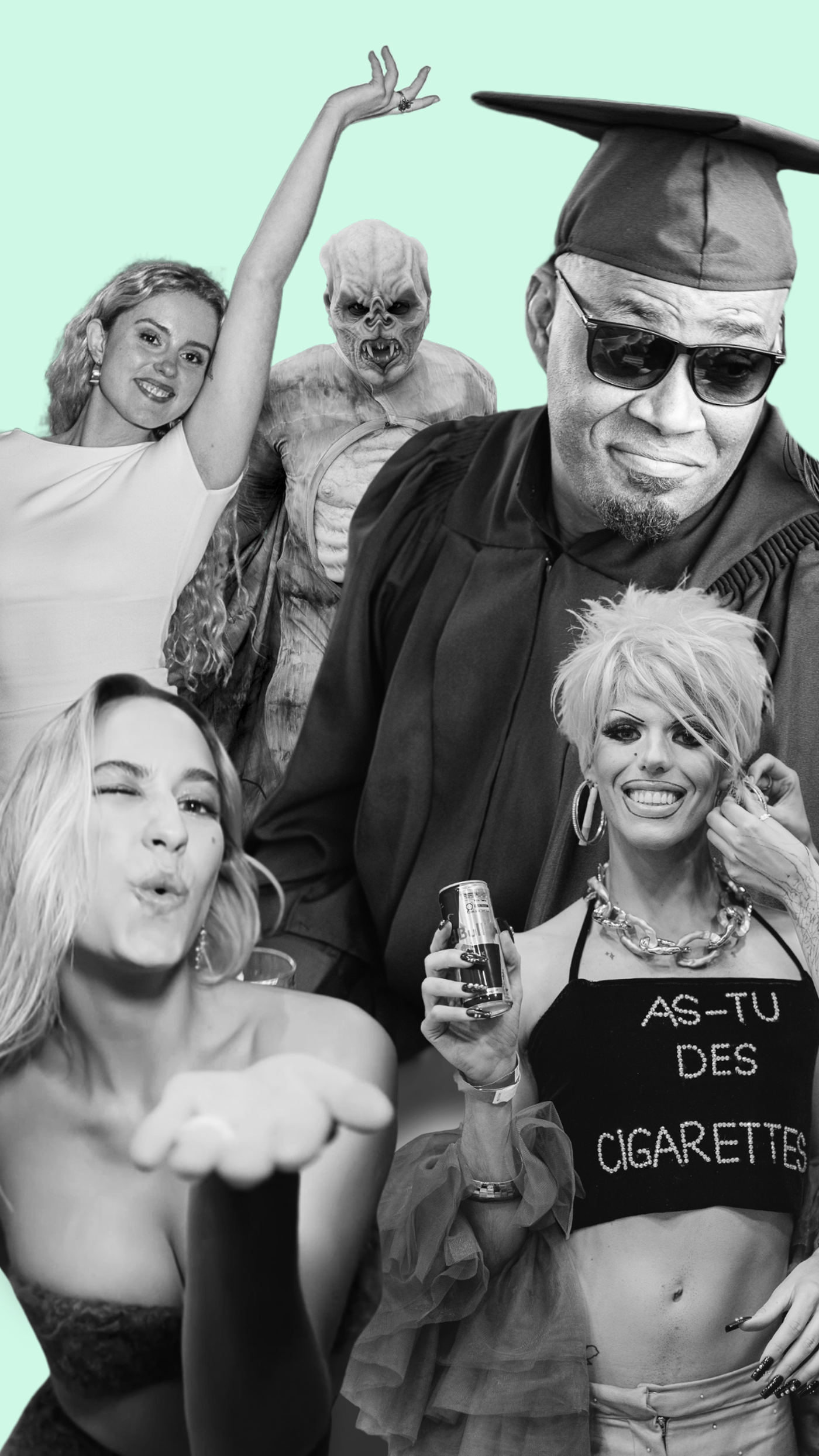 The image features a collage of various people, including a man and a woman, posing for a picture. The collage is set against a green background.