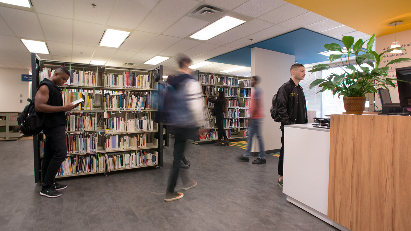 Individuals engaged in various activities in a well-lit library setting, featuring bookshelves, a reception desk, and a potted plant.