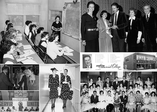 Un collage présentant des moments historiques incluant des salles de classe, des défilés de mode et des cérémonies de remise de prix, reflétant la vie du milieu du 20e siècle.