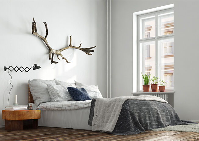 A cozy bedroom featuring a white bed with grey and blue pillows, a unique antler wall decor, a side table with a lamp, and a window providing natural light.