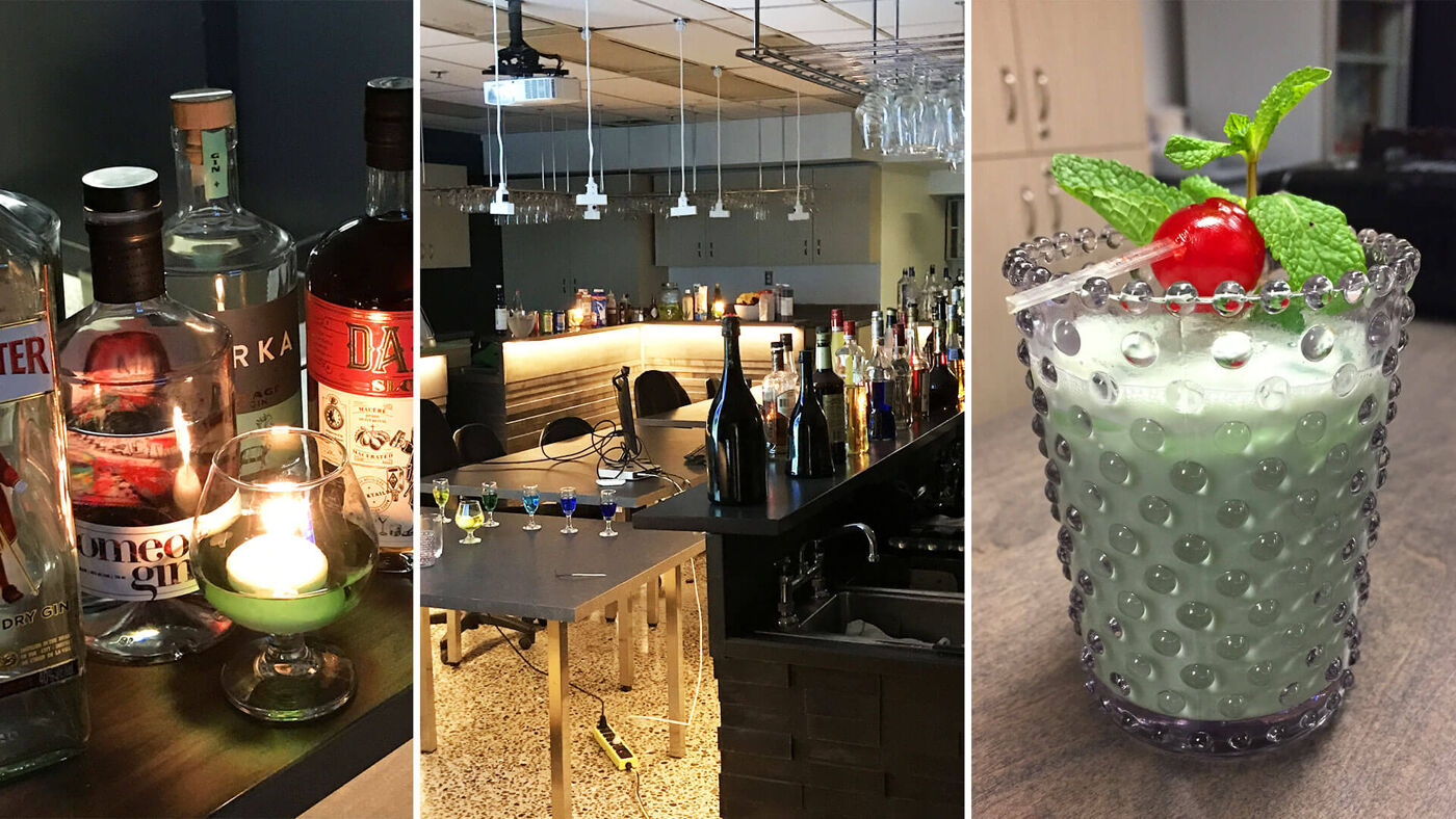 A collage displaying a bar's ambiance with images of liquor bottles, a dimly lit bar area with hanging glasses, and a close-up of a cocktail.