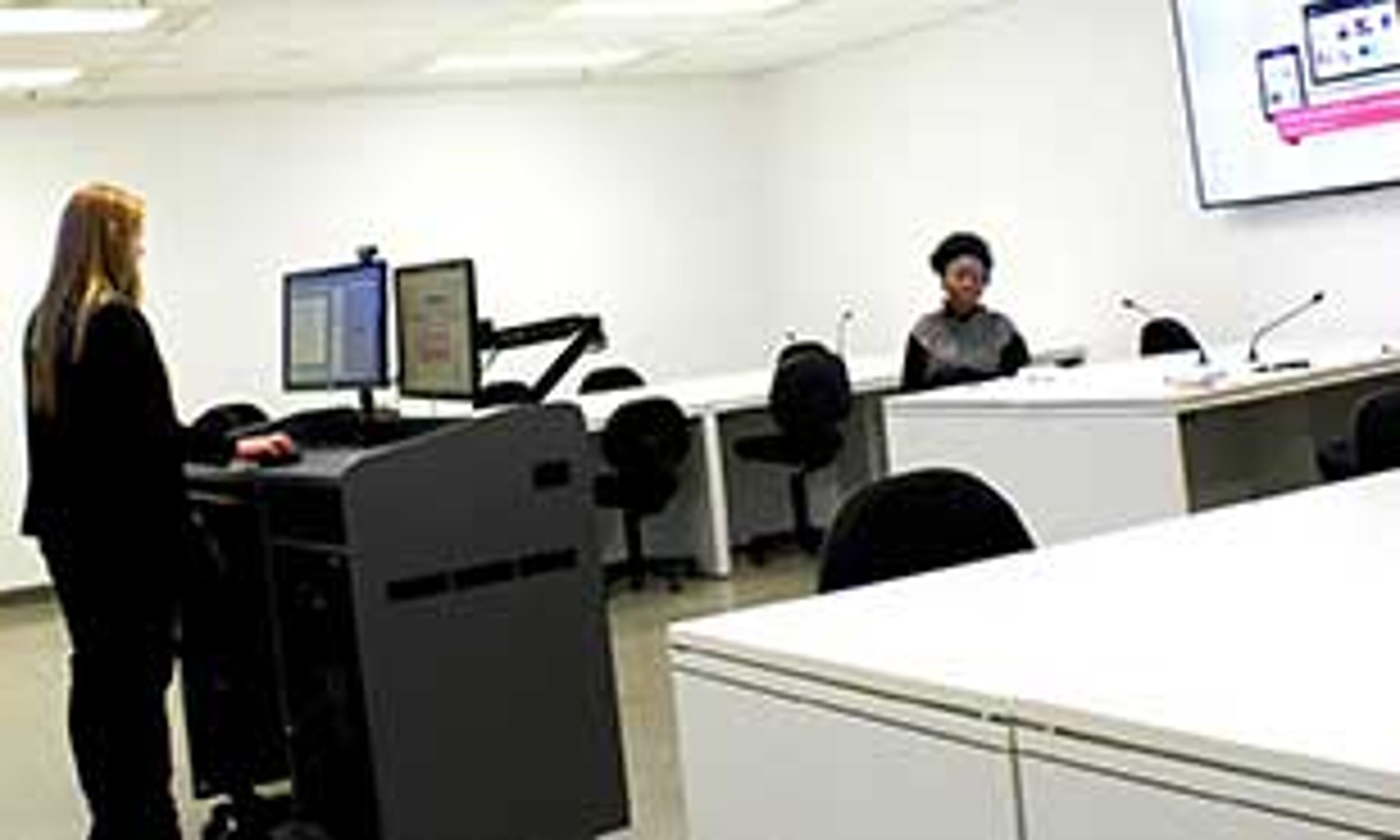 An employee conducting a presentation in a corporate training room, with participants seated at the conference table.