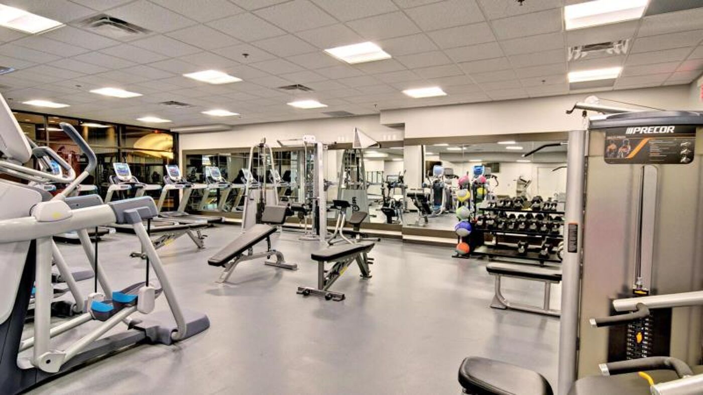 An array of cardio machines and weightlifting equipment in a spacious, well-lit gym with mirrors along the wall.