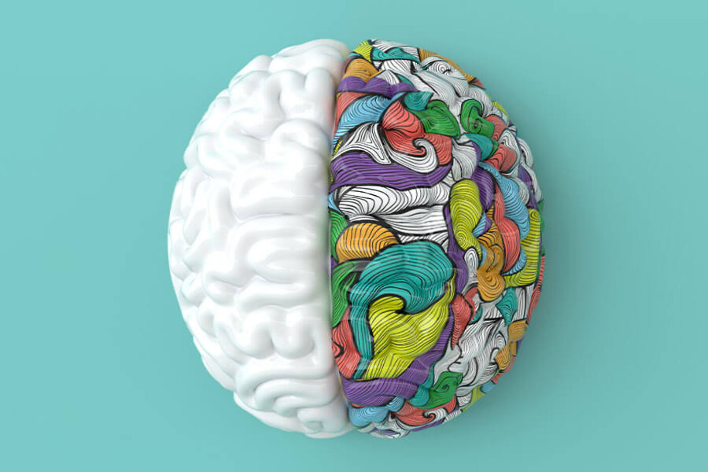 A digital illustration of a human brain, split down the middle, with one half rendered in grayscale and the other in vibrant, multicolored patterns.