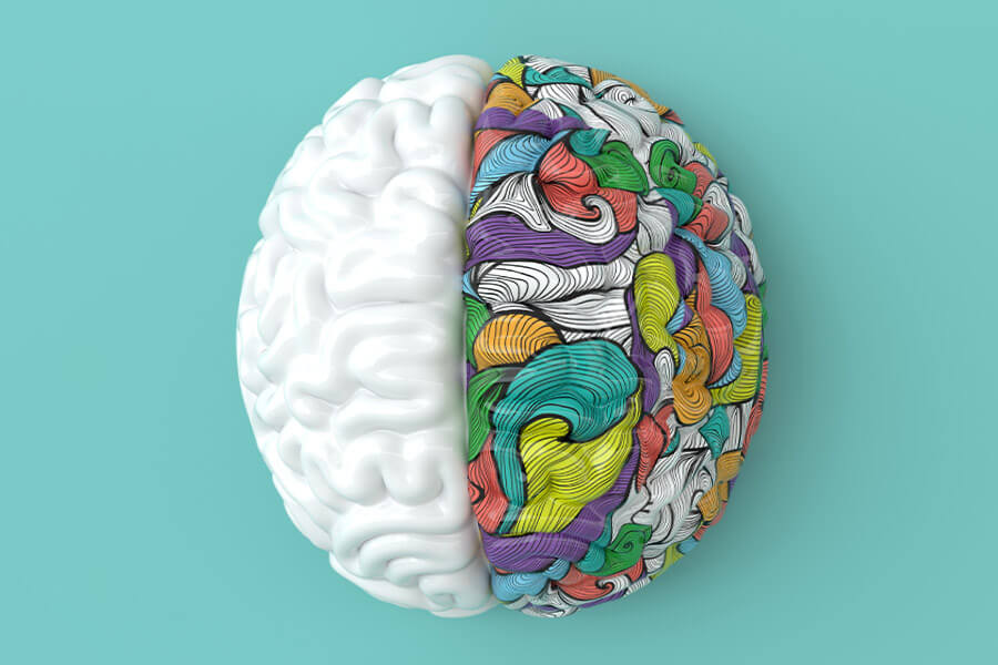 A digital illustration of a human brain, split down the middle, with one half rendered in grayscale and the other in vibrant, multicolored patterns.