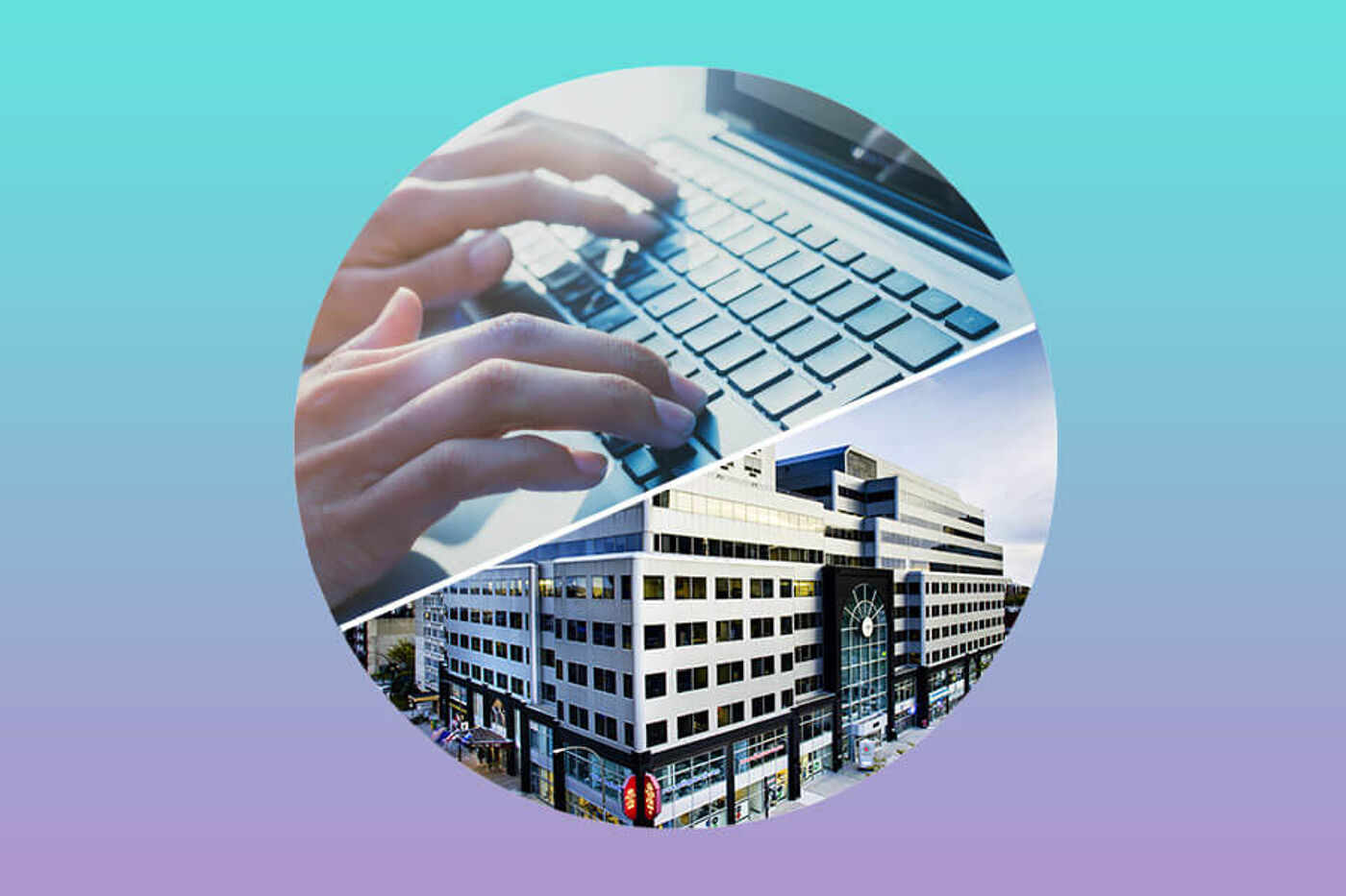 A montage juxtaposing hands typing on a laptop with a bustling cityscape.