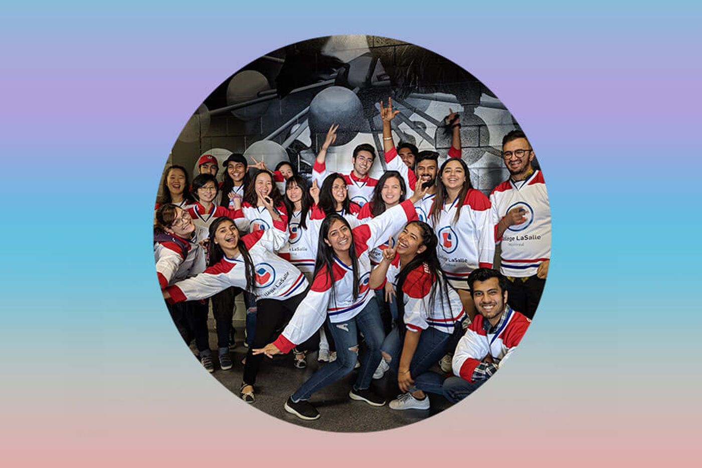 A vibrant gathering of students in matching sports jerseys, joyfully posing together.