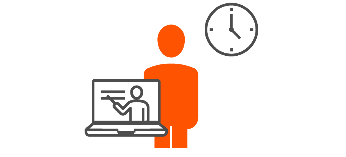 An icon of a person in orange, giving a presentation on a laptop, next to a clock indicating time management or deadlines.