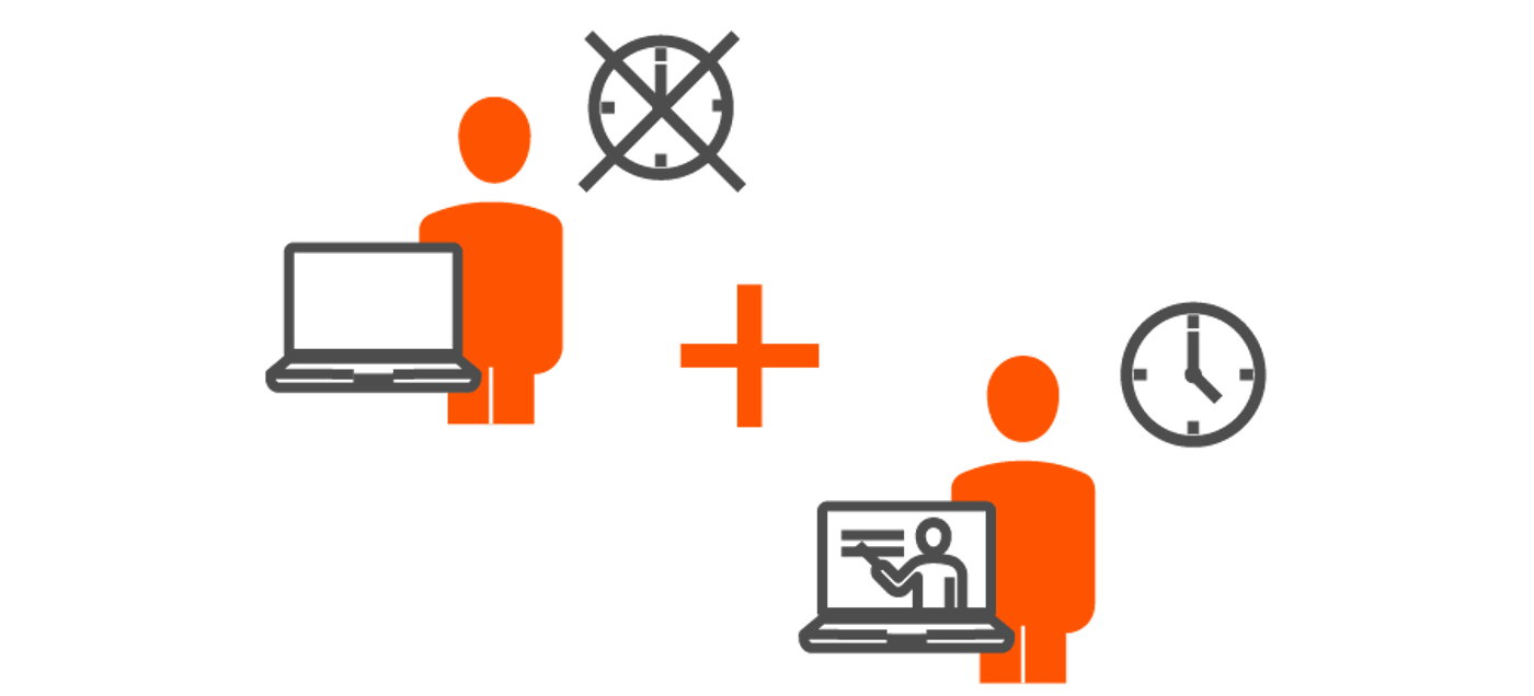 An iconographic comparison between remote work, represented by a figure with a laptop, and traditional office hours, symbolized by a clock.