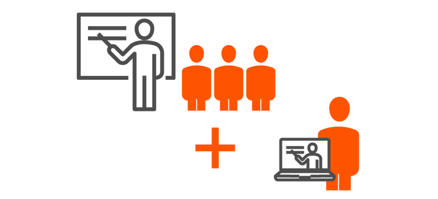 An infographic representing a hybrid training session with an in-person instructor and audience, plus a virtual participant.