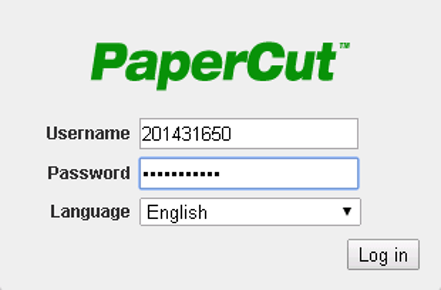 A PaperCut login screen displaying fields for username and password, with a language selection dropdown menu, on a white and green background