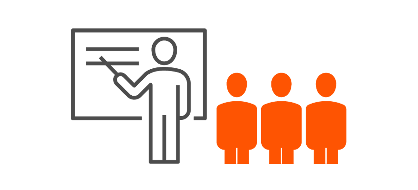 An instructor conducting a corporate workshop for three attendees, symbolized by simplified orange figures.