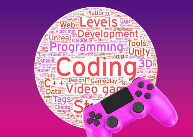 Concepts of game programming and design highlighted around a game controller.