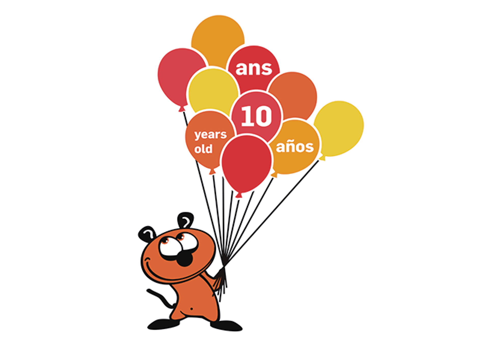 A cartoon character holding balloons with the number 10 and the words 'years old', 'ans', and 'años'.
