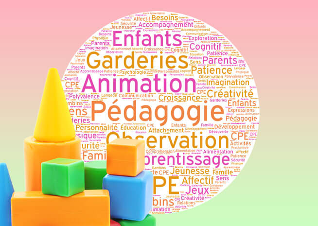Blocs de construction colorés devant un nuage de mots liés à l'éducation et au développement de la petite enfance.