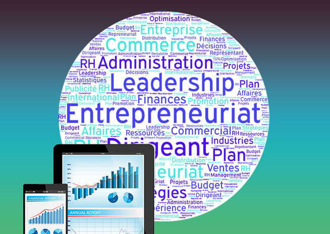 Une tablette affichant des graphiques avec un fond de nuage de mots sur le thème des affaires mettant l'accent sur l'entrepreneuriat et la stratégie.