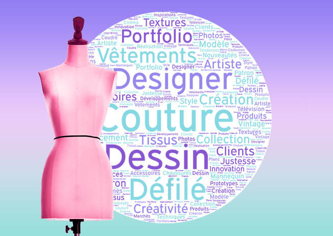 	
Un mannequin rose devant un fond de nuage de mots liés à la mode, au design et à la couture.