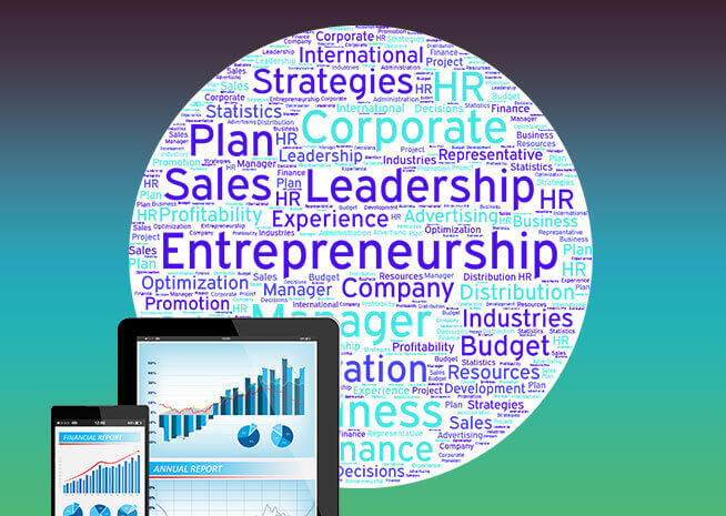 A tablet displaying graphs with a business-themed word cloud background emphasizing entrepreneurship and strategy."