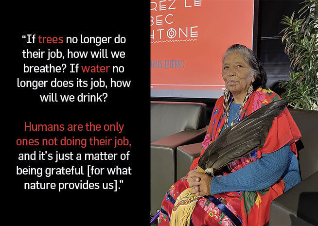 An elderly Indigenous woman in traditional attire sits beside a quote about nature's role and human responsibility.