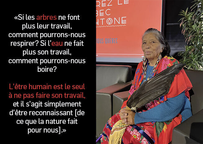Une femme autochtone âgée en tenue traditionnelle est assise à côté d'une citation sur le rôle de la nature et la responsabilité humaine.