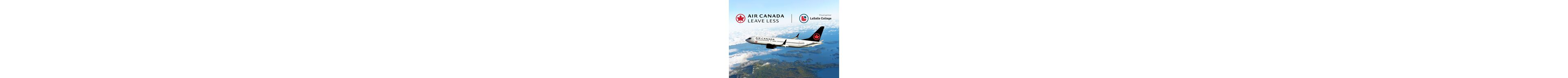 Avion Air Canada en vol avec le slogan "LEAVE LESS" et le logo du Collège LaSalle, indiquant un partenariat pour la durabilité environnementale.