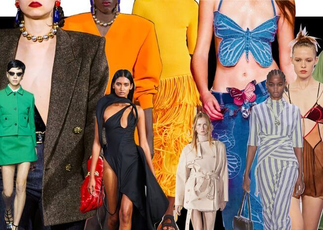 A collage showcasing diverse fashion styles, from vibrant dresses to butterfly tops, illustrating current fashion trends.