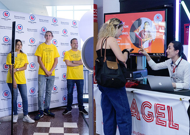 Participants en chemises jaunes à un stand d'exposition, interagissant avec un visiteur.