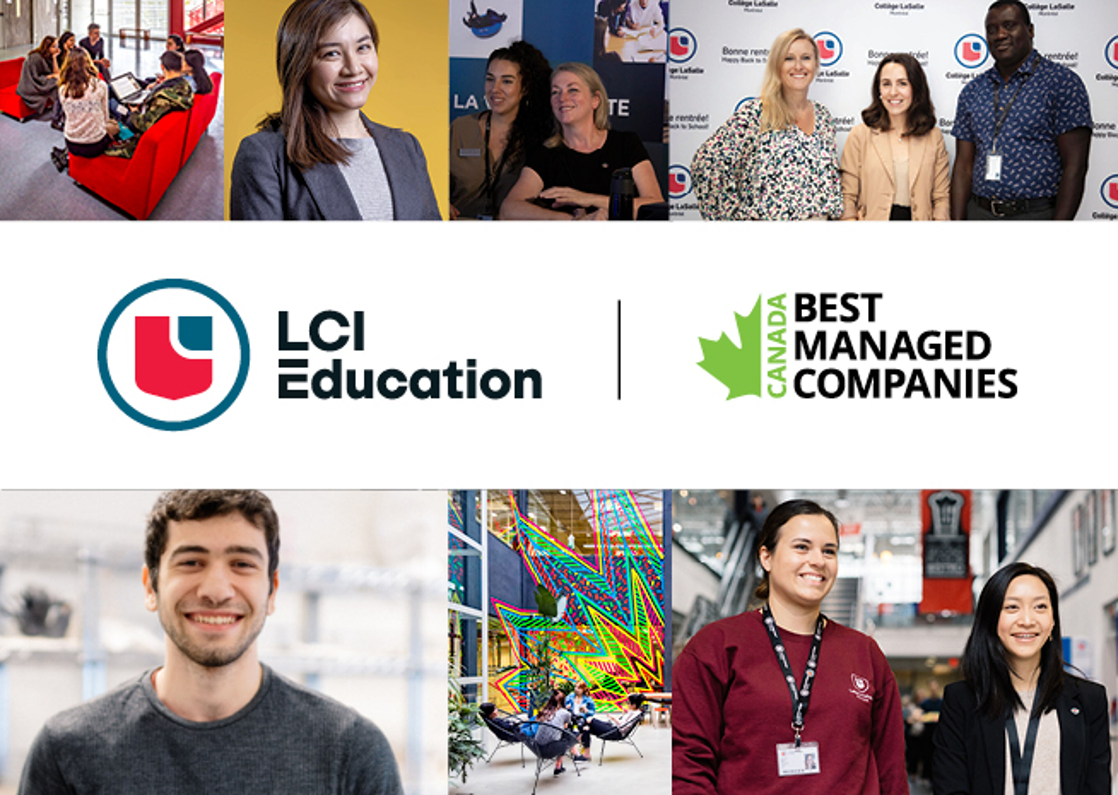 Un collage représentant la communauté diversifiée et les activités de LCI Éducation, reconnue comme l'une des entreprises les mieux gérées du Canada.