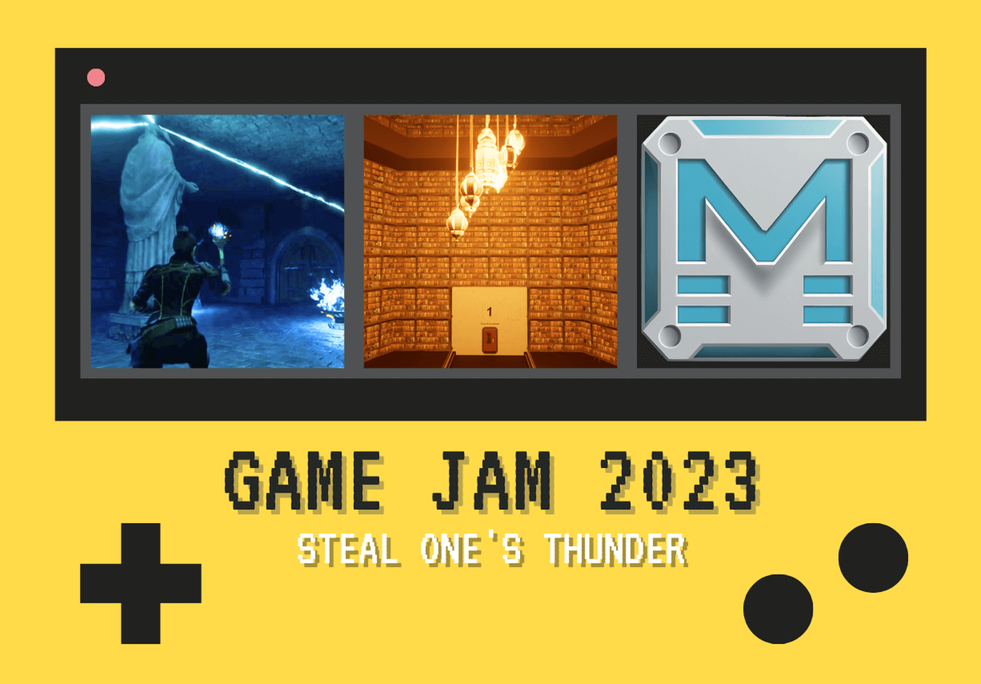  Graphique promotionnel pour le Game Jam 2023 présentant le thème "Steal One's Thunder" avec des images illustratives de conception de jeux.