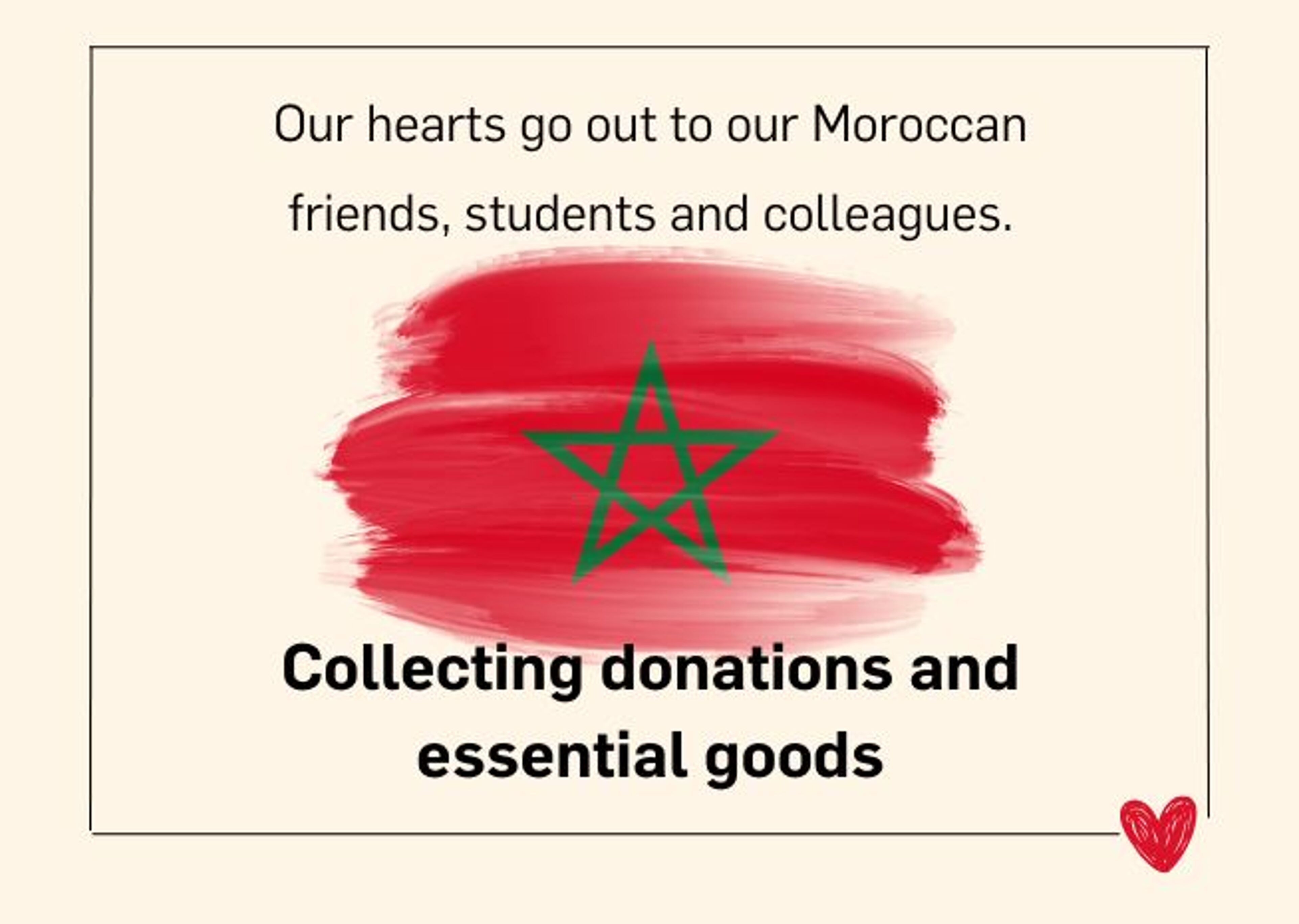 An image featuring a message of support for Moroccan individuals, with a call for donations and essential goods, superimposed on the Moroccan flag.