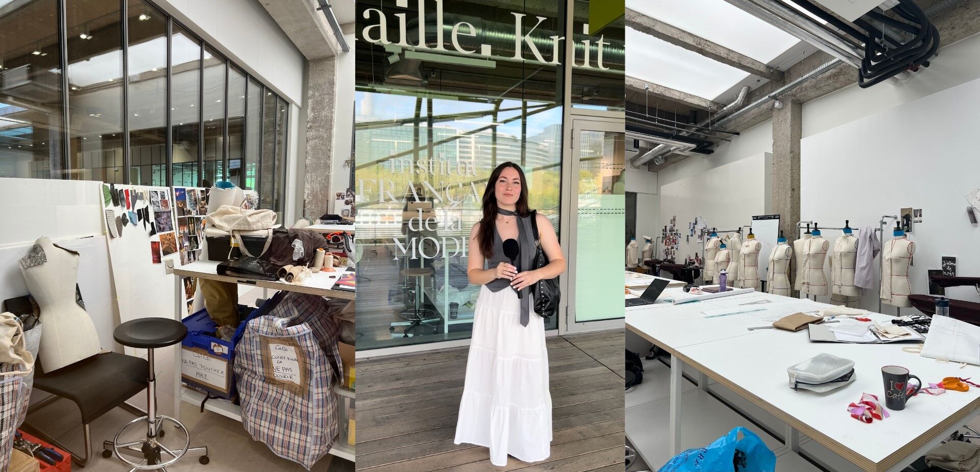  A three-part collage of a fashion studio: a busy work desk, a designer posing, and a row of dress forms.