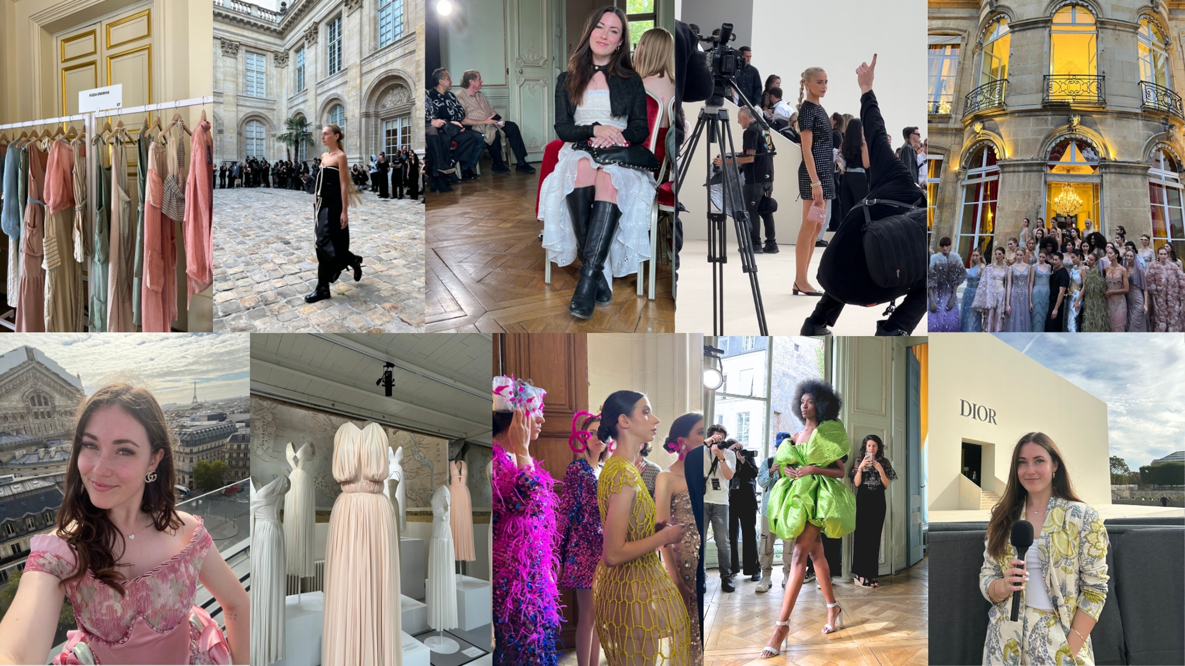 A collage of Fashion Week's vibrant scenes, including runway shows, designer collections, and a reporter on location.