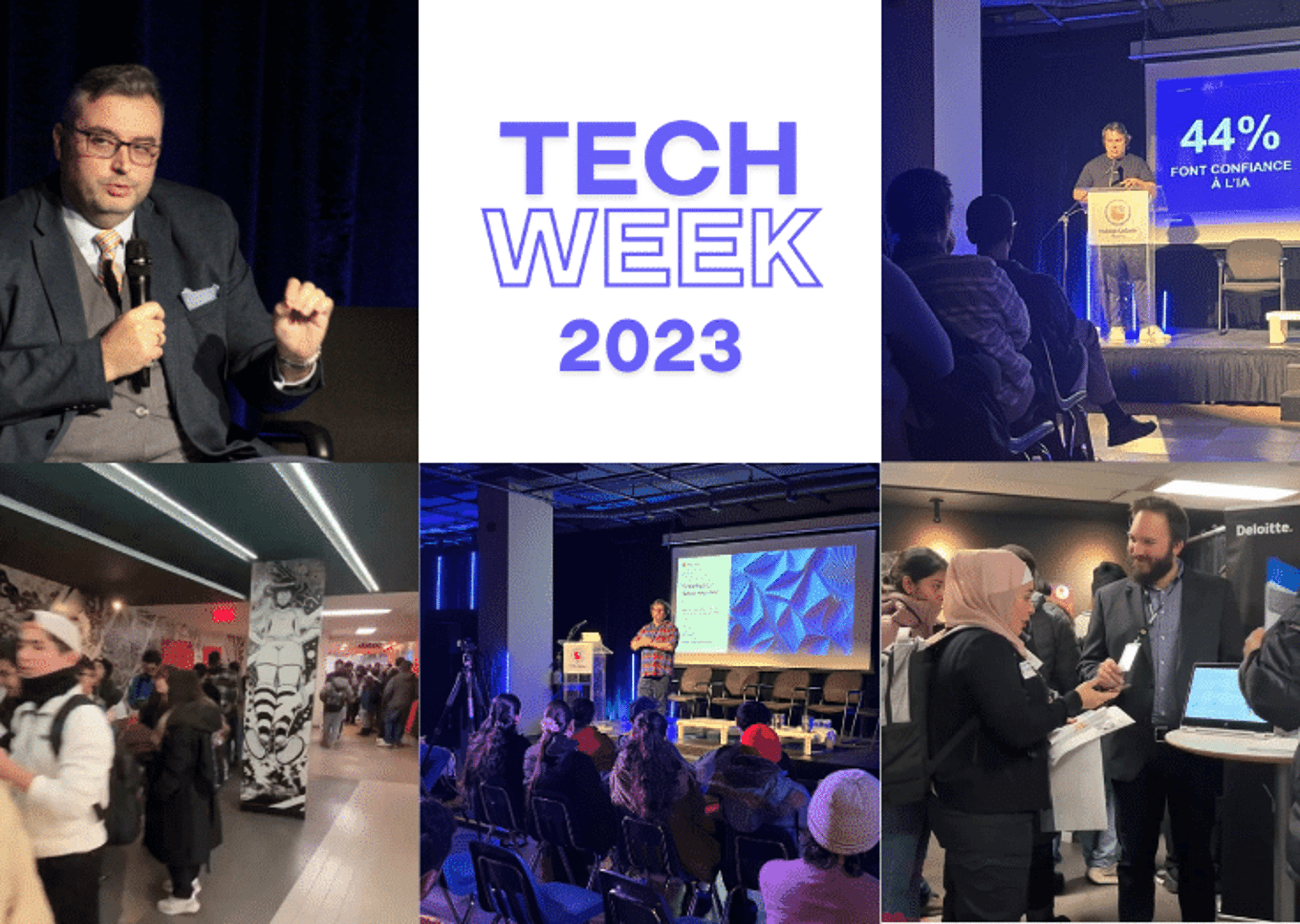 Collage featuring speakers, audience engagement, and networking at Tech Week 2023, emphasizing technology's community and discussion.