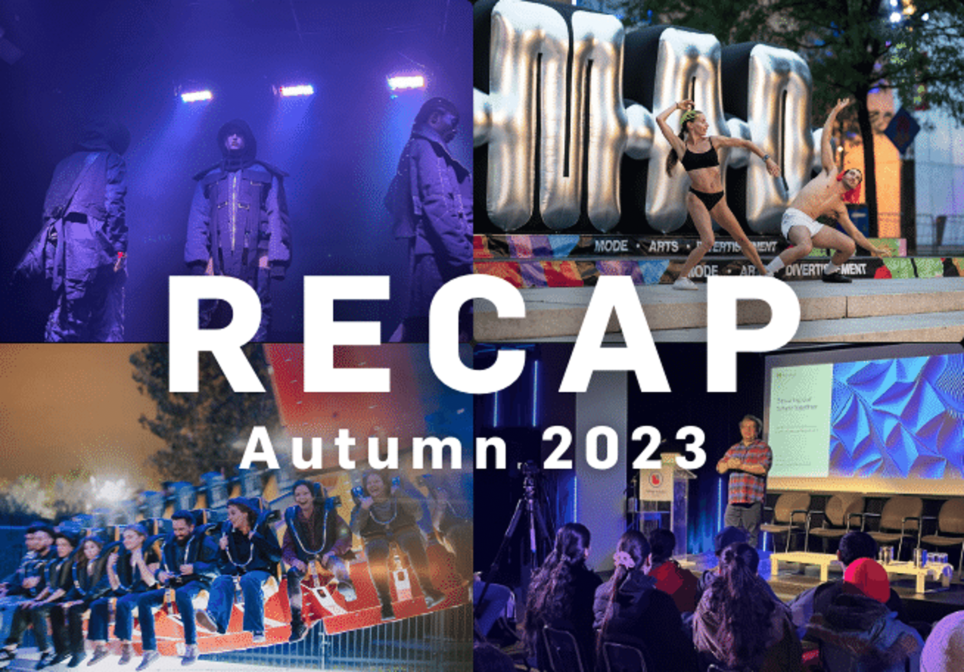A vibrant collage showcasing a series of events from Autumn 2023, including fashion shows, outdoor concerts, and educational seminars, highlighting the season's diverse cultural activities.