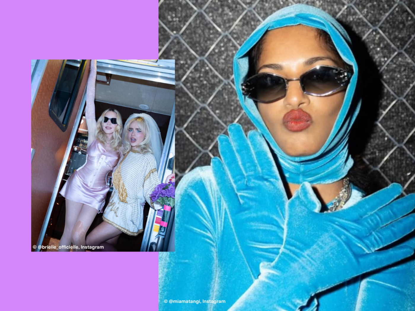 The image features two women in a festive setting. One woman wears a short pink dress, and the other wears a white dress with gold accents. The woman on the right is dressed in a plush blue outfit with gloves and sunglasses.