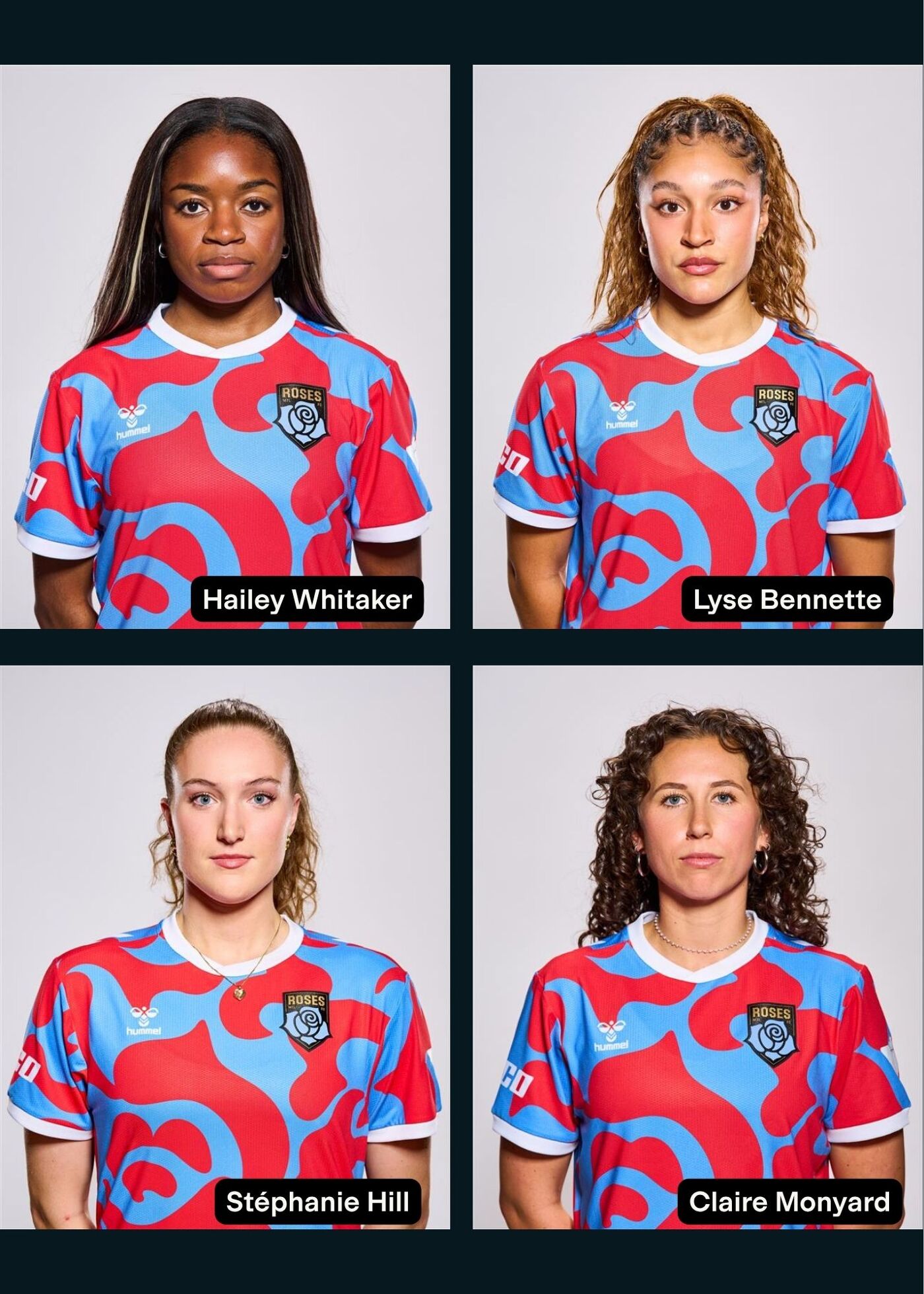 This image displays four young women wearing red and blue soccer jerseys. Their names are Hailey Whitaker, Lyse Bennette, Stéphanie Hill, and Claire Monyard.