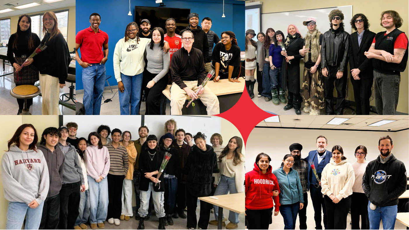 The image shows several group photos of people, likely students and teachers, holding roses. They are in different settings, possibly classrooms or events.