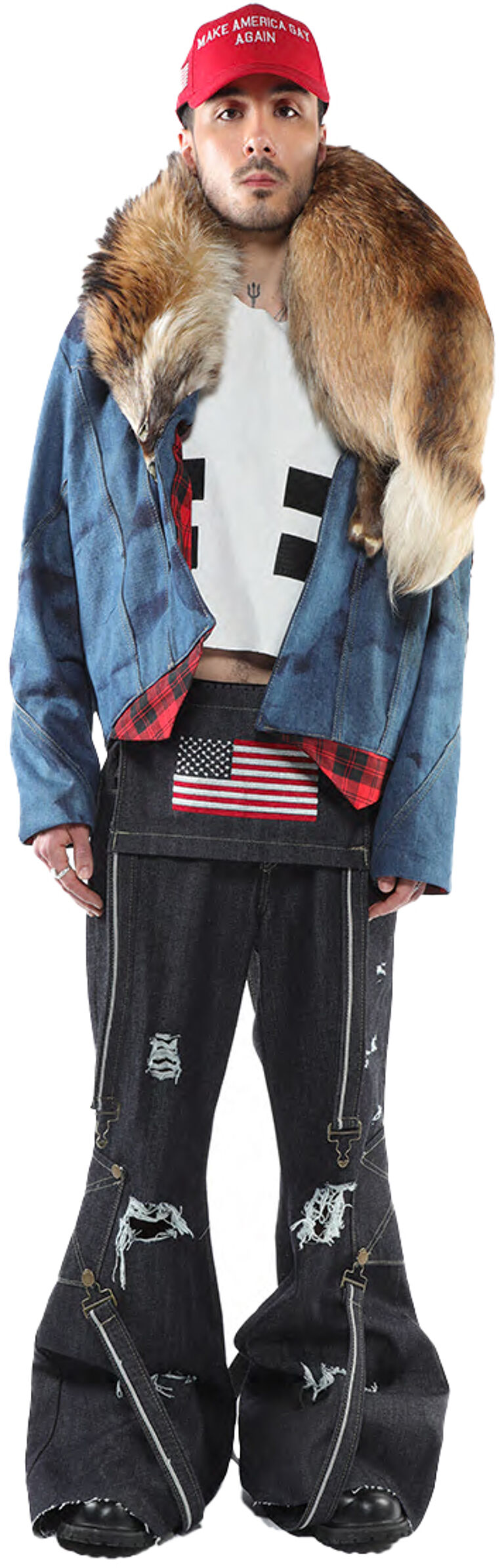 A person wearing a blue denim jacket, a fox fur collar, a red "Make America Great Again" hat, a white shirt, distressed black jeans with straps, and an American flag patch is shown in a full body shot against a white background.