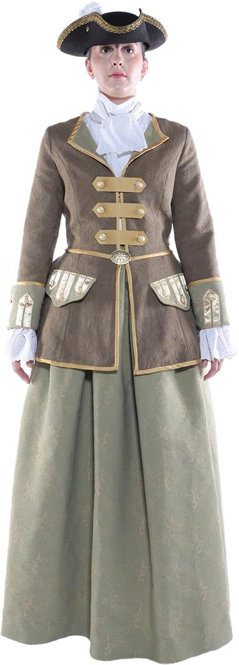 A woman in a brown colonial-style jacket and matching long skirt, wearing a white ruffled shirt and a black tricorn hat, stands against a white background.