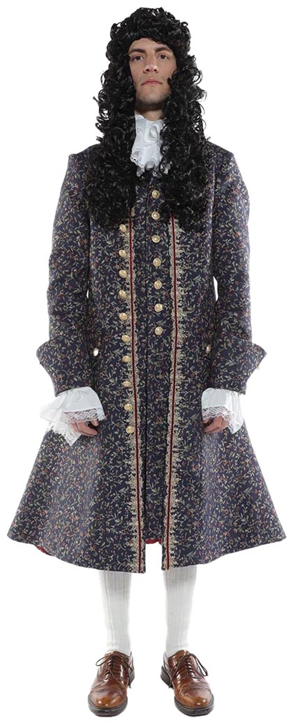 A man in a dark, patterned, long coat with gold buttons, a large dark wig, white stockings, and brown shoes stands against a white background.