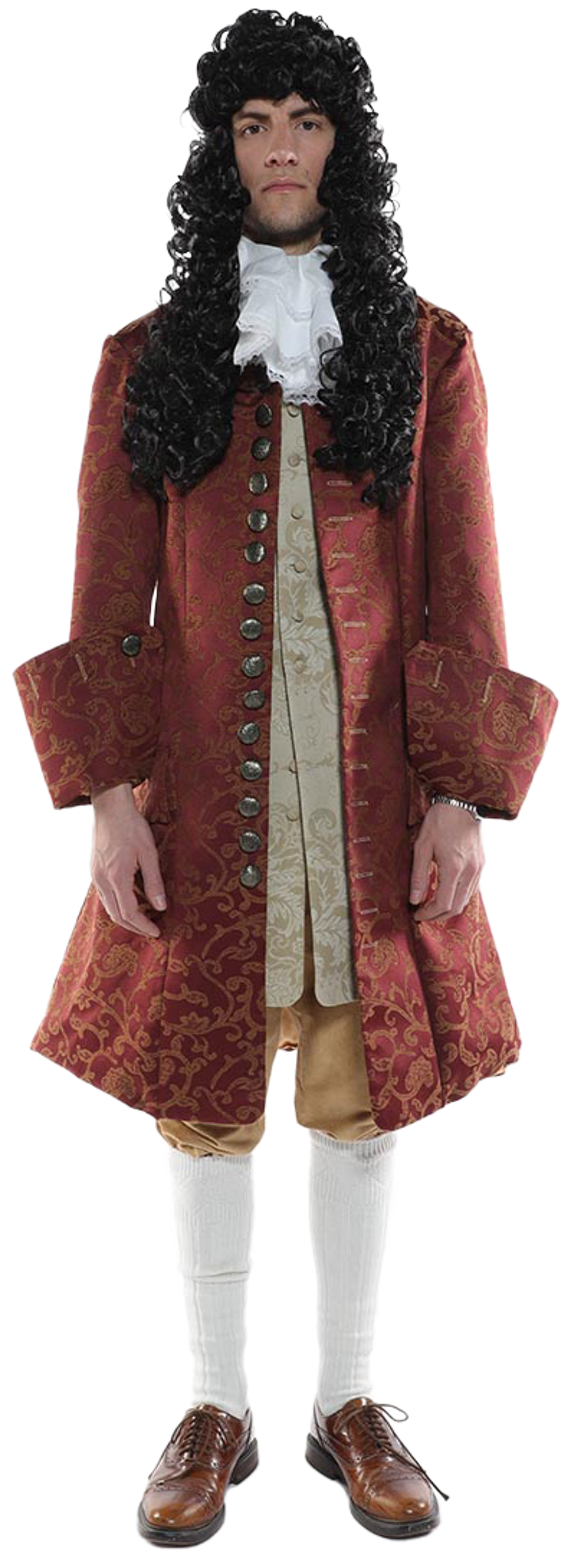 A full shot of a man wearing a burgundy brocade coat with gold detailing, a white cravat, a black curly wig, tan breeches, white knee-high socks, and brown shoes.  He is standing against a white background.  His hands are at his sides.