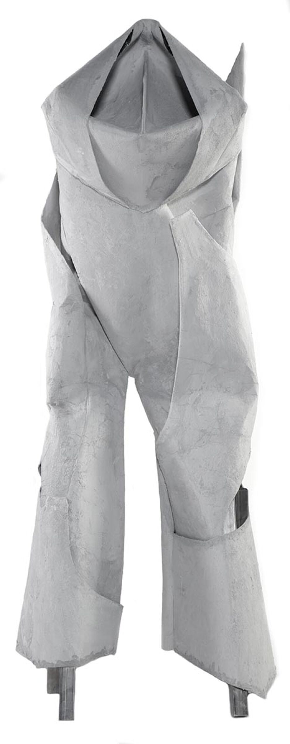 A gray, draped fabric garment with a hooded top and pant-like bottom hangs against a white background.