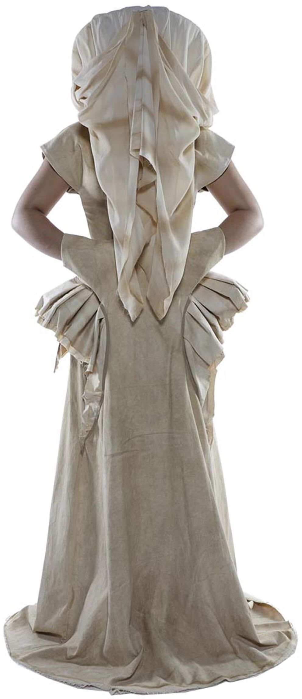 A beige, floor-length gown with a large hood and pleated details is shown from behind on a white background.