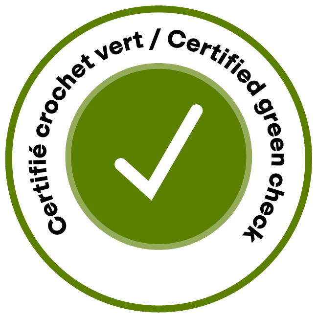 This is a green circular logo featuring a white checkmark. The text around the circle reads 'Certifié crochet vert / Certified green check', signifying a green certification or approval.