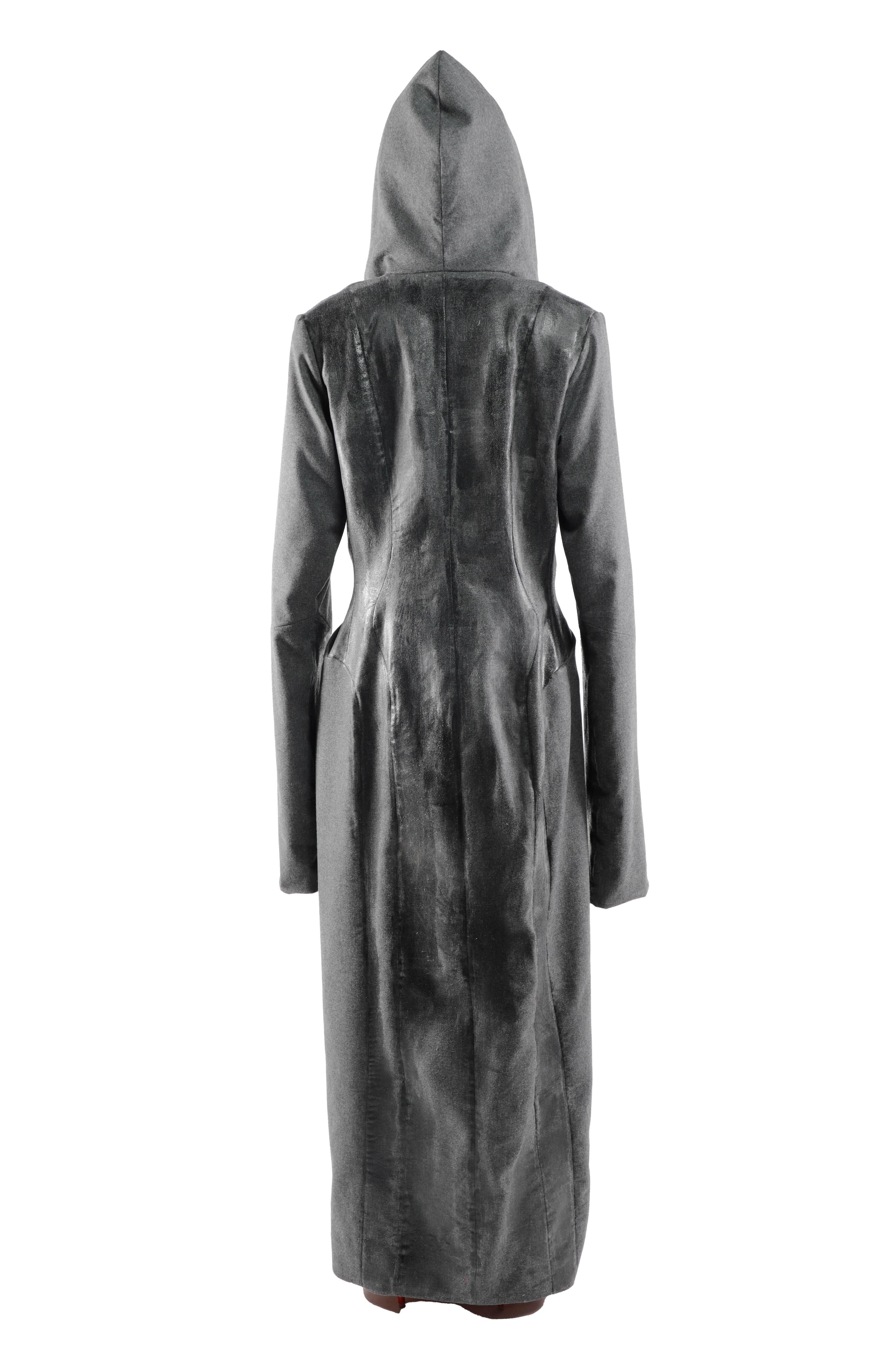 This is an image of the back of a dark gray, hooded, full-length coat that reaches the ankles. The fabric appears to have a slightly shiny texture.
