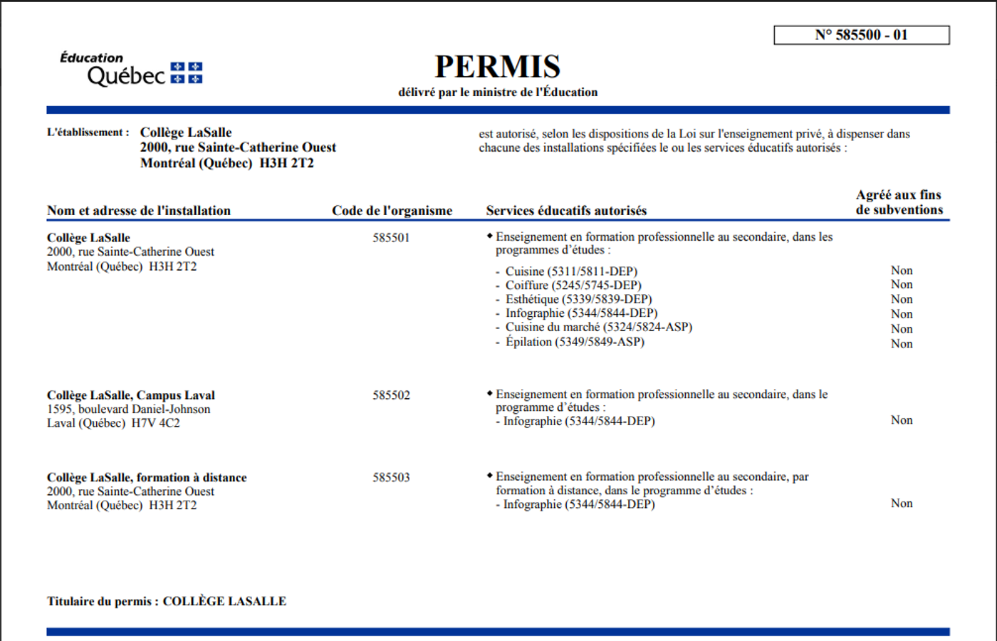 A French-language document detailing the authorization for Collège LaSalle's various locations to offer secondary-level vocational training programs in Quebec.