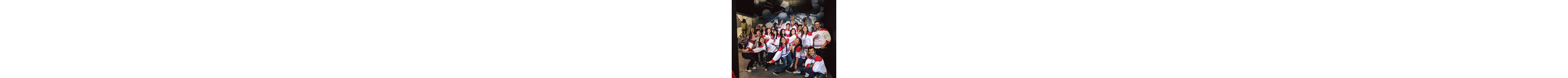 Un groupe joyeux d'étudiants posant en maillots de hockey pour une photo de célébration, avec des expressions vibrantes.