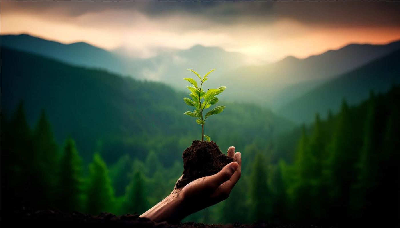Hand Holding a Young Tree in a Forested Landscape