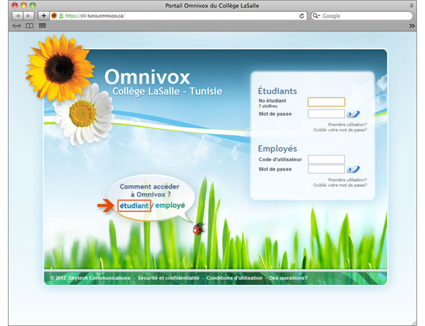 A screenshot of Collège LaSalle's Omnivox portal for students and employees, featuring login options and a bright, nature-inspired design.